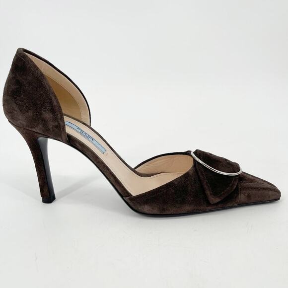 Prada IT 40 Graphite Suede D’Orsay Pumps with Oversized Buckle New with Box - Picture 3 of 13